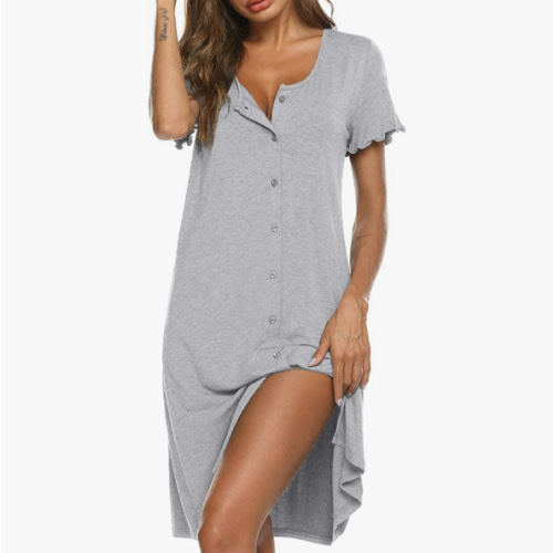 Ekouaer Women's Nightshirt Short Sleeve Button Down Nightgown V-Neck Sleepwear Pajama Dress