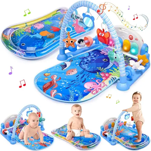 Windidi Baby Gyms Play Mats with Tummy Time Water Mat, Baby Activity Mat Play Piano Gym with 5 Sensory Toys for Babies, Music & Lights Boy & Girl Gifts for Newborn Babies 0-3 4-6 6-9 6-12 Months