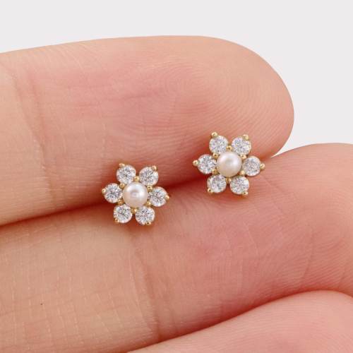 14K Solid Gold Diamond with Pearl Flower Stud Earring, Dainty Fresh Water Pearl Floral Stud Earring, Tiny Butterfly Back Stud Earrings