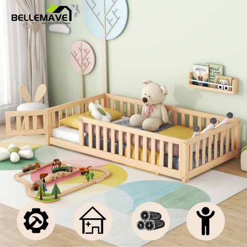 Twin Floor Bed for Kids, Solid Wood Montessori Bed Frame Fence & Door, Toddler Twin Size Bed with Wood Slats, No Box Spring Needed (Twin,Natural)