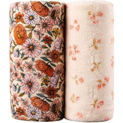 2 Pack Baby Blanket for Boys and Girls, 30 x 40 Inch Soft Flannel Fleece Receiving Blankets, Boho Floral Newborn Stroller Crib Blankets, Baby Boy Girl Essentials