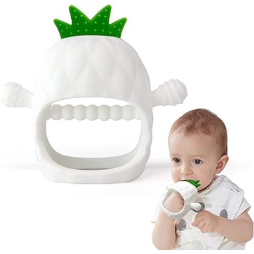 Pineapple Shape Baby Teething Toys, Never Drop Hand Wrist Teether, PAPACHOO Baby Chew Toys for Sucking Needs, Silicone Baby Mitten Teether for Soothing Teething Pain Relief, Easy to Grip (White)