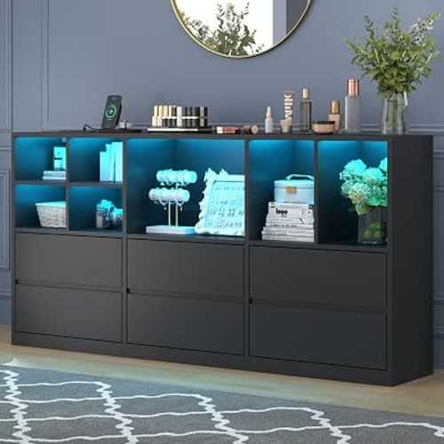 Black 6 Drawers Dresser with 7 Storage Cubbies, LED Lights, Power Outlets