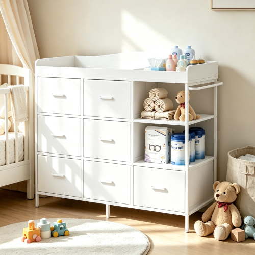 ANPOO Baby Changing Table Dresser with 7 Fabric Drawers, Changing Top & Open Shelves, Nursery Storage Organizer White
