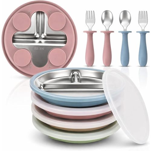 Stainless Steel Baby Plates with Suction, 4-Pack Divided Set
