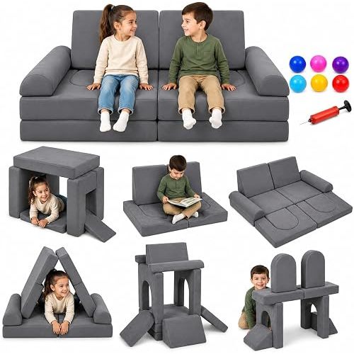 Modular Kids Play Couch, Grey – Secure Interlocking Design, Sturdy Foam Sofa with 6 Inflatable Balls, Convertible Playroom Furniture & Floor Cushion for Toddlers, 10 PCS