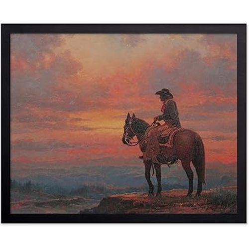 Poster Master Vintage Sunset Print - Retro Cowboy Poster - Western Art - Moody Landscape Wall Design - Gift for Men & Women - Decor for Office, Living Room or Farmhouse - 8x10 Black Framed