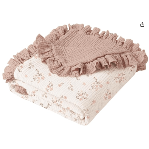 Konssy 100% Cotton Muslin Baby Blanket with Ruffle Trim for Girls, 43"x39"
