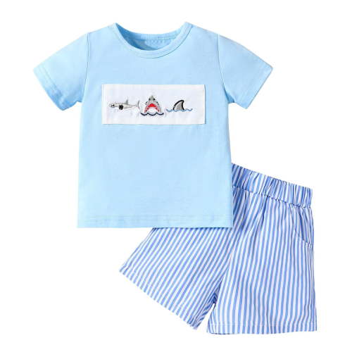 Fesfesfes Toddler Outfit Sets Round Neck Short Sleeve Shirts Shorts Sets Kids Clothing Sets Elastic Waist Striped Print Shorts Sets