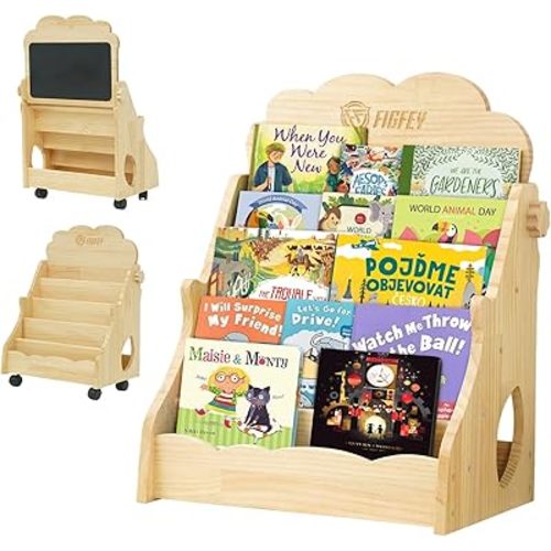 Kids Montessori Bookshelf 5-Tier Organizer with Lockable Wheels and Adjustable Drawing Board, Toddler Book Rack Nursery with Toy Storage Natural Wood Baby Book Shelf.
