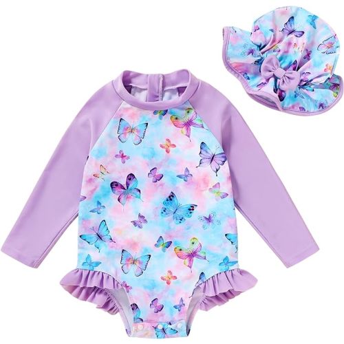 Infant Baby Girl Swimsuit One-Piece Long Sleeve Rash Guard with Hat Set Floral Zipper Bathing Suit Leopard Beach Wear