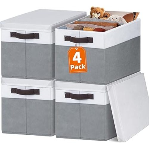 Large Closet Storage Baskets Bins with Lids 4 Pack, Storage Baskets for Organizing Shelves Nursery Bedroom, Home Dorm Closet Organizers Cubes for Clothes Toys Blanket - Stackable & Sturdy -14x10x9.5