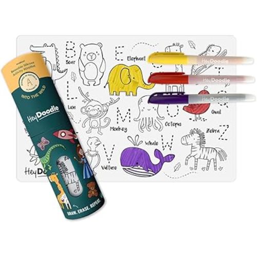 HeyDoodle Into The Wild Mini – Reusable Silicone Alphabet Coloring Mat for Toddlers and Kids – Educational Animal Activity Pad with 3 Dry Erase Markers – Mess-Free Travel Toy – Ages 3-7