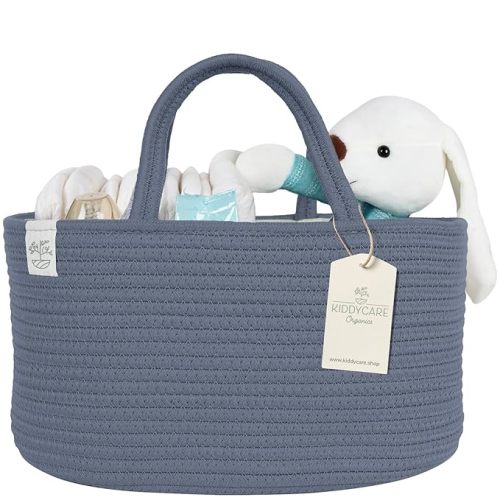 Diaper Caddy Organizer Basket for Nursery Storage Organizer Cart Baby Basket for Diaper Holder, Baby Basket Gift for Boy/Girl Basket with Dividers Stone Large