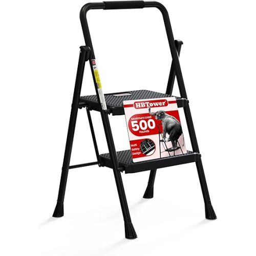 HBTower Step Ladder, Folding Step Stool with Wide Anti-Slip Pedal, Sturdy Steel Ladder, Convenient Handrail, Lightweight, Portable Steel Step Stool