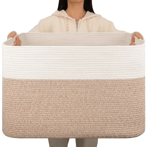 OIAHOMY 108L Extra Large Blanket Basket, 25”x16”x16” Laundry Basket, Blanket Storage for Living Room, Dog Toy Storage with Handle - Brown & White