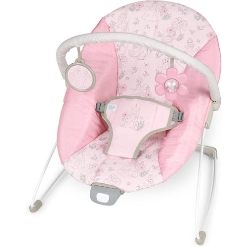 Disney Princess Royal Blooms Vibrating Baby Bouncer, Lightweight Infant Seat with 2 Toys Featuring Cinderella, Ariel, Jasmine and More; Soothing Motion & Vibrations