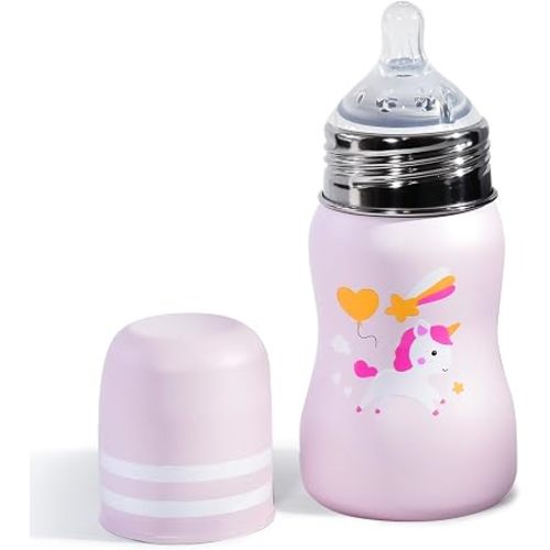 8oz Stainless Steel Infant Bottle, Baby Breastfeeding Bottles, Baby Essentials for Travel,Leak-Proof Lid, BPA and Phthalates-Free, Pink