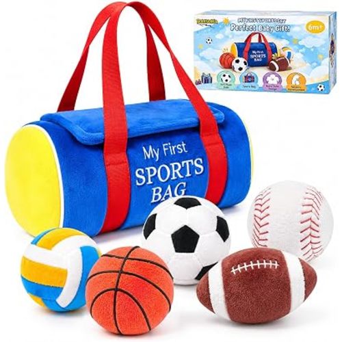 My First Sports Bag Plush, Baby Sports Toys Set with 5 Sensory Balls (Crinkle, Rattle, Squeaky Sounds), Soft Infant Toys 6-12 Months, 1st Birthday Gift for Boys Girls 1 Year Old