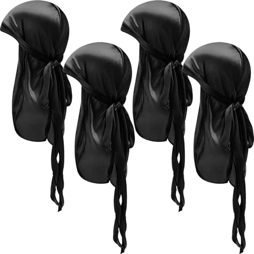 4 Pieces Baby Silky Durags with Long Tail and Wide Straps Kids Satin Durag Caps Child Headwraps for 360 Waves