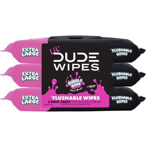 LiL' DUDE Flushable Wipes, Extra Large Bubble Bum Wet Wipes, Bubble Gum Scent, 126 Count, 3 Pack