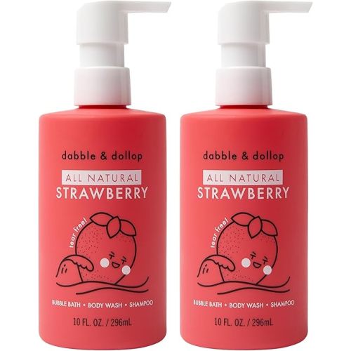 Dabble & Dollop Strawberry Kids 3-in-1 Body Wash, Shampoo & Bubble Bath – Tear-Free, Gentle, Natural-Origin, Hypoallergenic and Safe for Sensitive Skin (10 fl oz, Pack of 2)