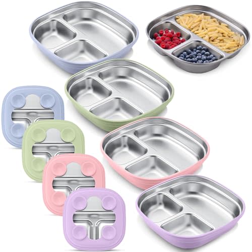 Geiserailie Stainless Steel Toddler Plates Suction, Pink,Green,Purple,Blue | 7.68 Inch Square with Suction Base, Removable Silicone Sleeves, Unbreakable Feeding Dishes, Dishwasher Safe