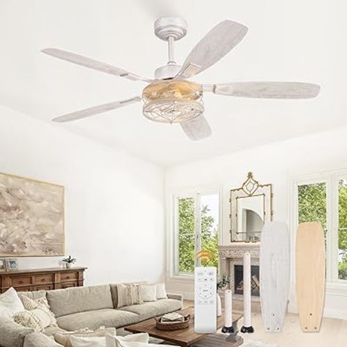52 Inch Farmhouse Ceiling Fan with Light and Remote, White and Gold Flush Mount Ceiling Fans with 6 Speed Reversible Motor and Dual Finish 5 Blades, Rustic Ceiling Fan for Living Room, Bedroom
