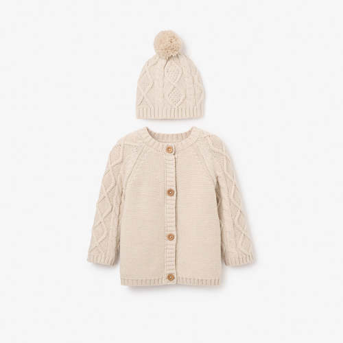 Wheat Chunky Diamond Cable Cardigan & Hat Set WHEAT / 6-9M
