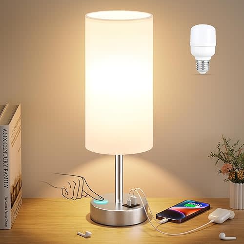 White Touch Bedside Lamp with USB - 3 Way Dimmable Table Lamp for Bedroom, Nightstand Lamp with Nickel Charging Station and Silver LampHolder for Dorm Kids Room, Small