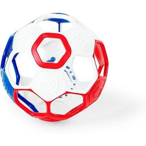 Bright Starts Oball Grippin' Goals Rattle Soccer Ball - Red, White & Blue, Easy-Grasp Toy for Newborn and Up