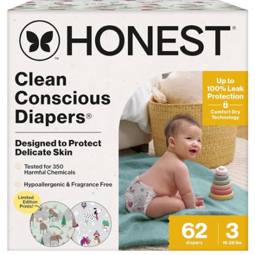 The Honest Company Clean Conscious Diapers for Delicate Skin | Up to 100% Leakproof | Hypoallergenic, Fragrance Free | Winter '25 Limited Edition Prints | Club Box, Size 3 (16-28 lbs), 62 Count