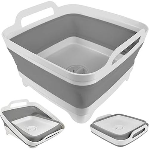 Collapsible Wash Basin for Baby Bottles with Drain Plug, 2.4 Gallons Space-Saving Camping Sink for RV, Collapsible Dish Tub (Gray)