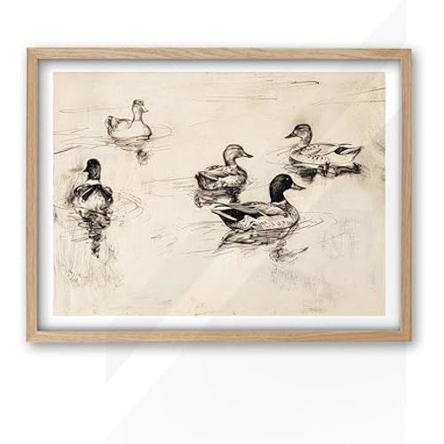 iHery Natural OAK Wood Cute Framed Wall Art, 12x16in Vintage Ducks Sketch Canvas Print, Cottagecore Neutral Beige Frame Logs Antique Art for Kids Room, Living Room Set of 1