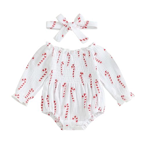 Aiwpstoin Infant Baby Girl Christmas Outfit Smocked Bubble Romper Cute Printed Long Sleeve Cotton Linen Bodysuit Headband