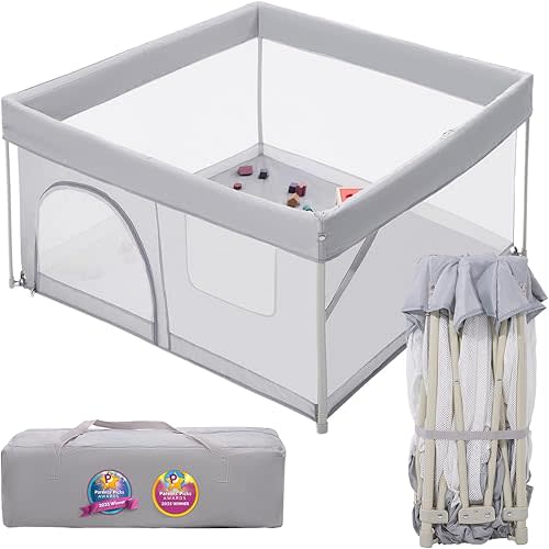 BABELIO Foldable Baby Playpen 46" × 46", Portable Playard for Babies and Toddlers, Parents' Picks Awards Winner, No Assembly Required, Indoor & Outdoor Kids Safety Play Pen Area, Travel Fence, Grey