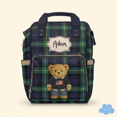 Personalized Plaid Diaper Bag Backpack with Teddy Bear, Custom Name Baby Bag