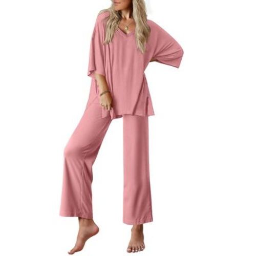 Ekouaer Lounge Sets for Women Pajamas Set Short Sleeve Tops and Long Pants Soft 2 Piece Outfits with Pockets Dusty Rose L