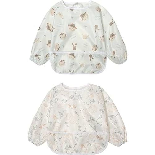 Little Dimsum Full Sleeved Feeding Bib 2 Pack,Baby & Toddler Waterproof Bib Apron,Food Protection Large Pocket Eating Smock 6-48 Months(Hat Bear&owl)
