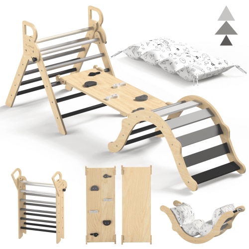 BlueWood Pikler Triangle Jungle Gym Set 8-in-1 Foldable Wooden Indoor Ages 1-6 Gray