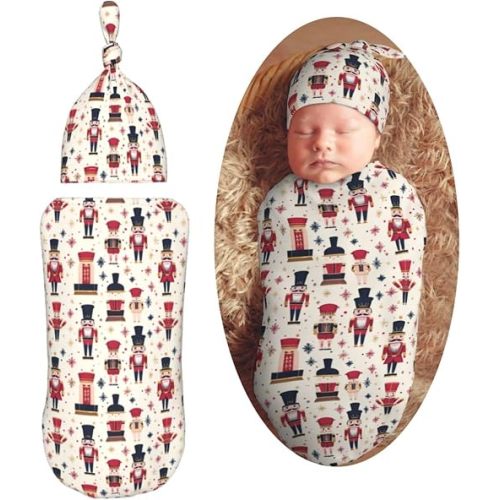 Funny Christmas Nutcracker Newborn Swaddle Blankets Hat Sets Soft Baby Receiving Blanket Swaddle Sack for Baby Shower Infant Boy Girl Gift