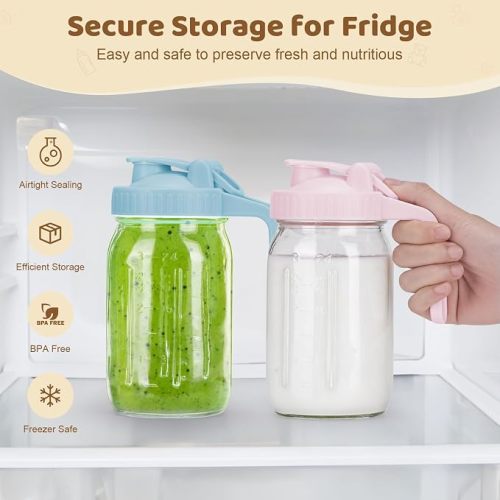 AoeJarry Breast Milk Pitcher with Leak Proof Flip Cap & Pour Spout, 32 oz Wide Mouth Mason Jars for Breast Milk Storage Container, Glass Picther with Lid for Cold Brew Coffee, Sun Tea, Juices, Pink