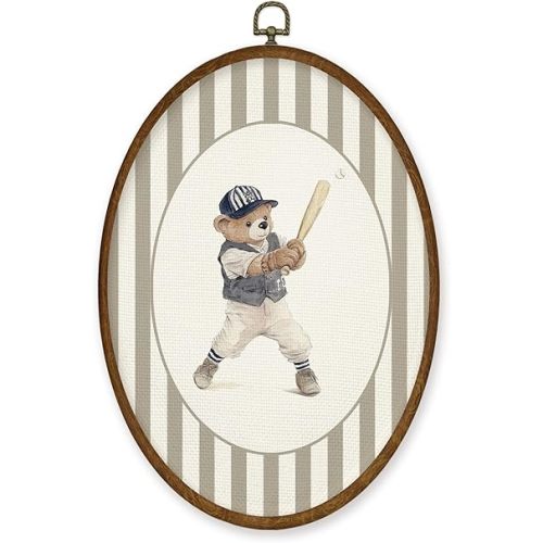 WULQYING Vintage Bear Playing Baseball Wall Art Decor, Nursery Sports Oval Framed Canvas Art Prints, Country Toddler Striped Sports Wall Hanging Decor for Home Playroom Boys Bedroom,8.6x11.4 Inches