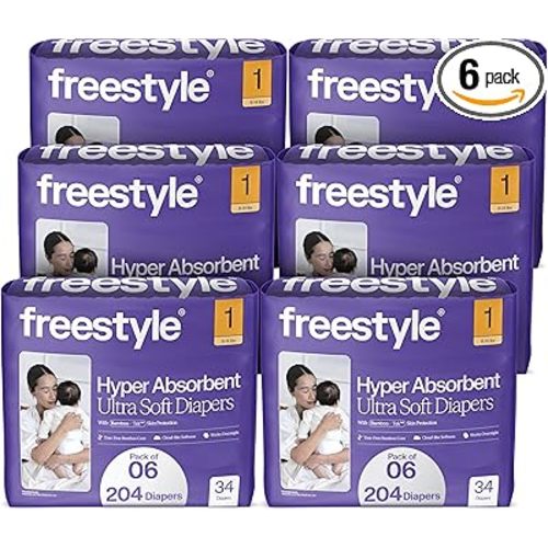 Freestyle BambooTek Diapers - (Size 1) Hyper Absorbent & Non-Toxic – Disposable Diapers for Sensitive Skin – Ultra Soft Diapers (8-14 lbs) – 204 Count