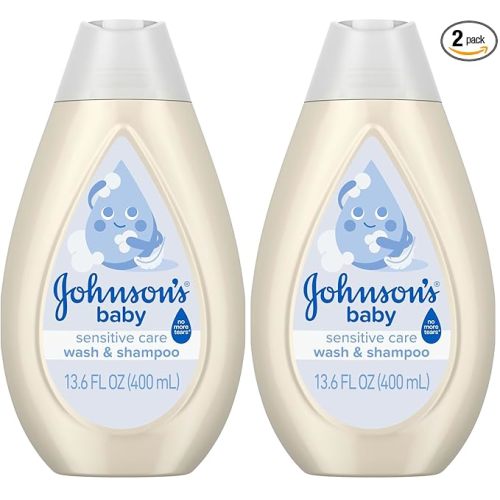 Johnson's Sensitive Care Baby Wash & Shampoo, Daily Moisturizing 2-in-1 Baby Wash & Shampoo to Gently Cleanse Without Drying Out Sensitive Skin, Light Scent, Hypoallergenic, 13.6 fl. oz (Pack of 2)