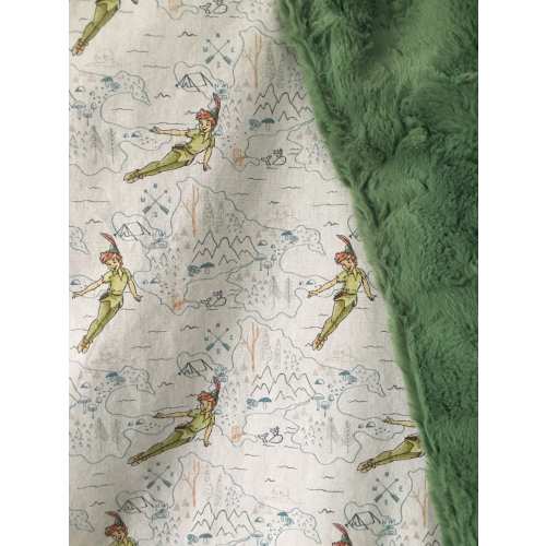 Baby blanket made with white Peter Pan themed fabric/ luxe green minky/ gender neutral/ neverland tinker bell