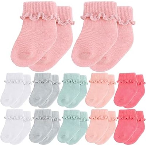 Toulite 12 Pairs Preemie Newborn Baby Ankle Socks Ruffle Turn Cuff Cotton Non-slip Warm Socks for Girls and Boys Infant