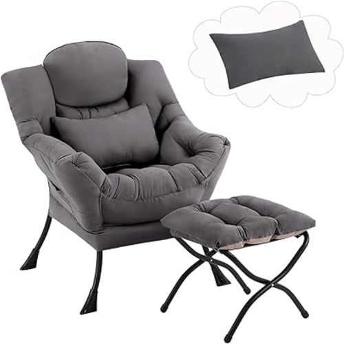 Lazy Chair with Ottoman, Comfy Fabric Accent Lounge Arm Chair with Lumbar Pillow and Folding Footrest, Reading Leisure Sofa Armchair for Bedroom, Living Room, Dorm,Dark Grey