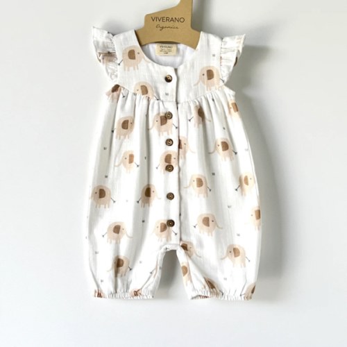 Viverano - Elephant Ruffle & Button Baby Short Romper (Organic Muslin)