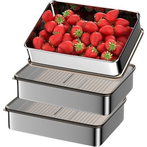 Stainless Steel Food Storage Containers, Silver, Airtight with Vacuum Seal, Stackable Rectangular, 3-Piece Set, BPA-Free Lids, for Meal Prep and Leftovers Storage(Shallow- 1.9'' Height)